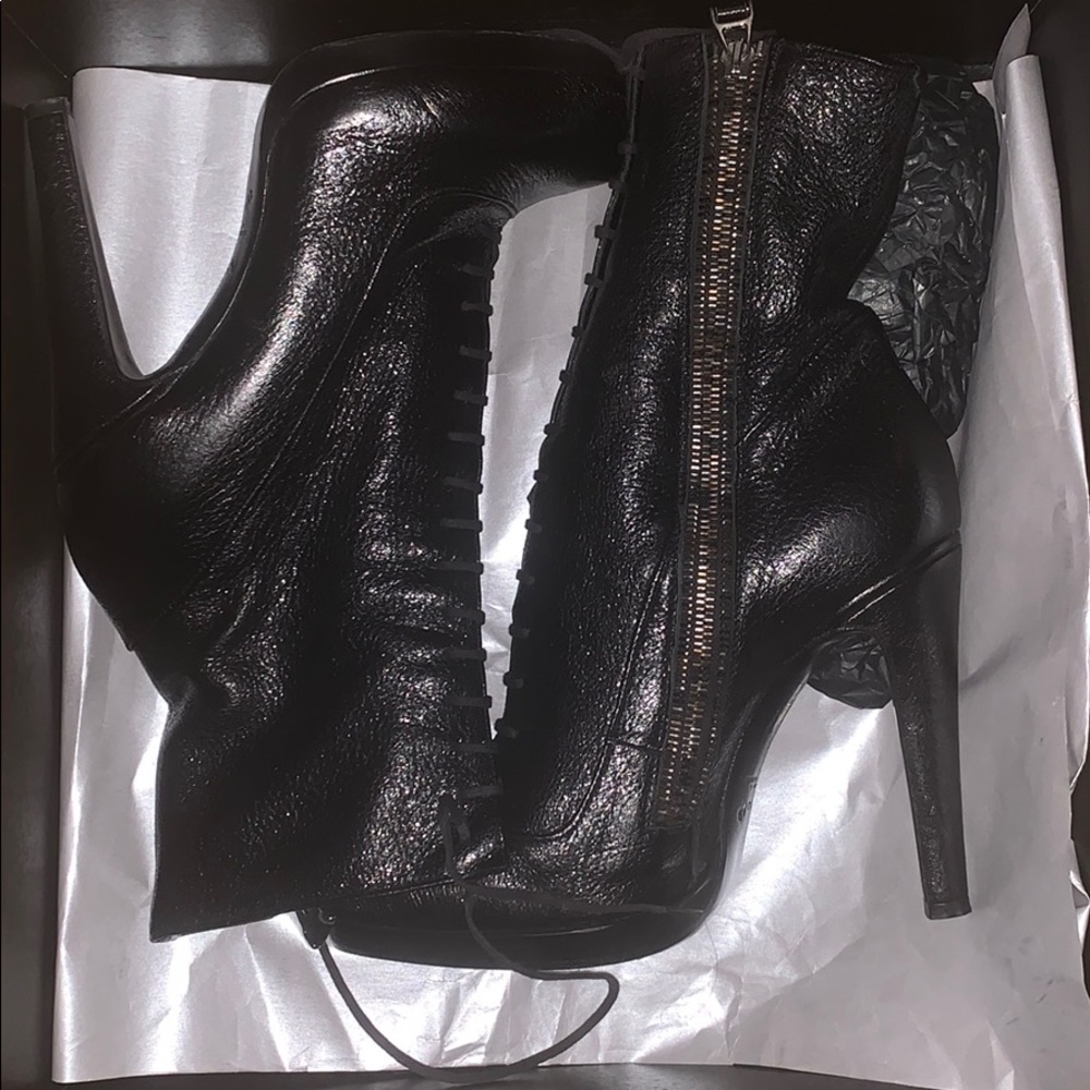 $975 ROCCO P. black pebble leather mid calf heel